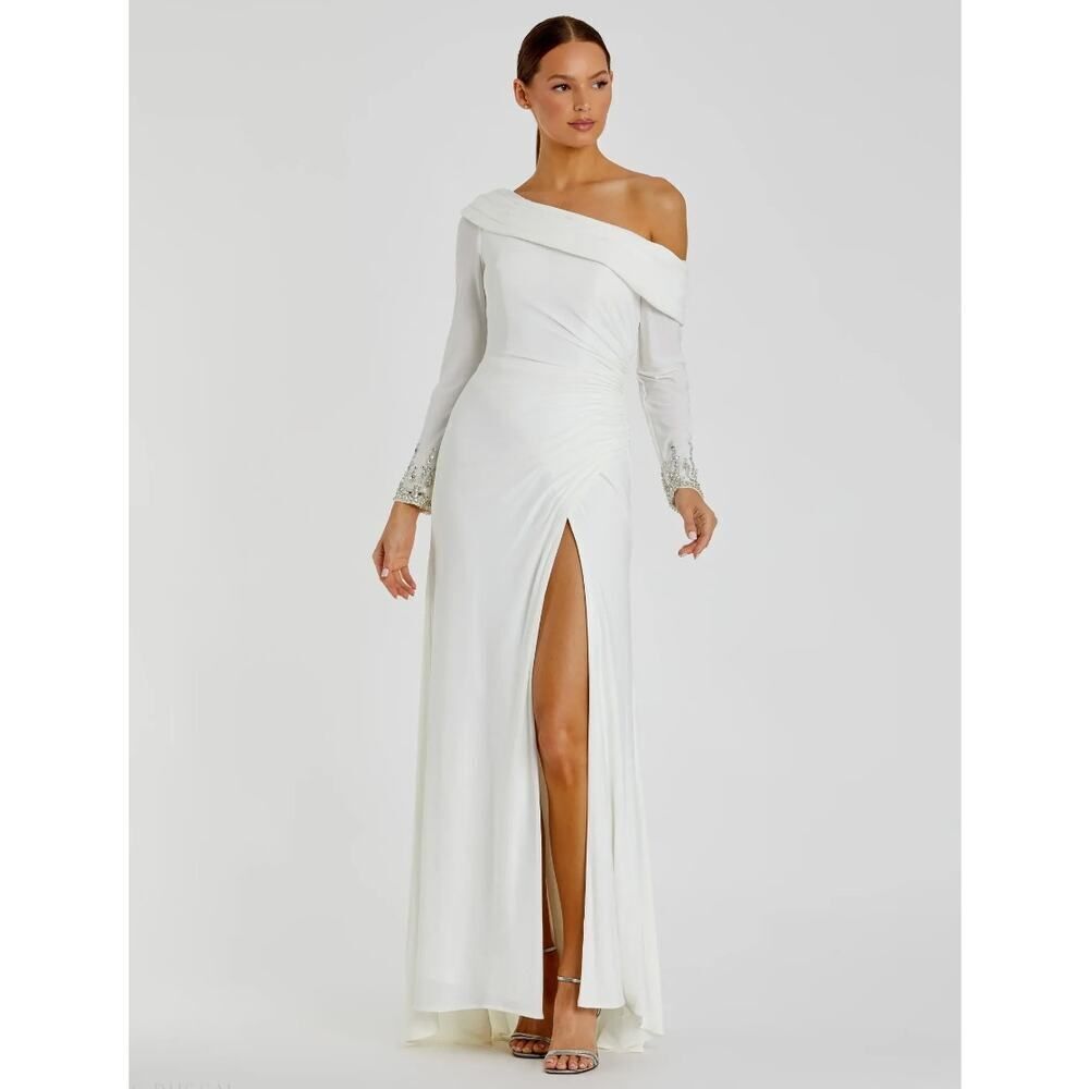Mac Duggal White Beaded Cuff Drop Shoulder Faux Wrap Gown - Size 8 - NWT